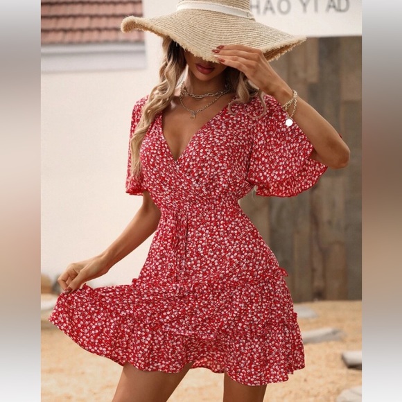 Shein Ditsy Floral Flutter Sleeve Tie Front Ruffle Hem Dress in Red size small - Picture 1 of 10